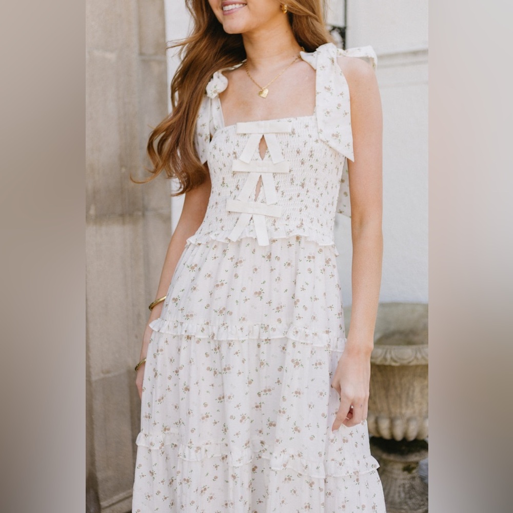 Boutique Cream Floral Smocked Tiered Maxi Dress | Bow Straps | Size Small - Picture 3 of 7